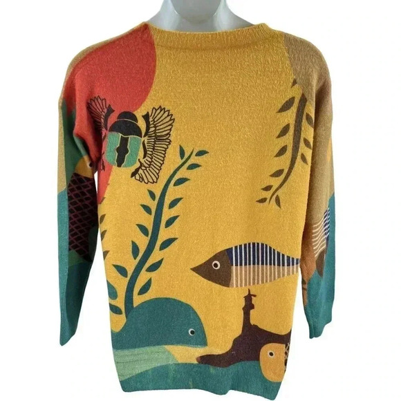 YESNO Wool Blend Womens L Sweater Graphic Oversized Pullover Casual Loose Long S - Picture 2 of 14